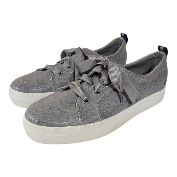 Sperry Crest Vibe Silver Sparkle Ribbon Topsider Sneaker - Excellent Cond - 3.5 - Picture 1 of 11